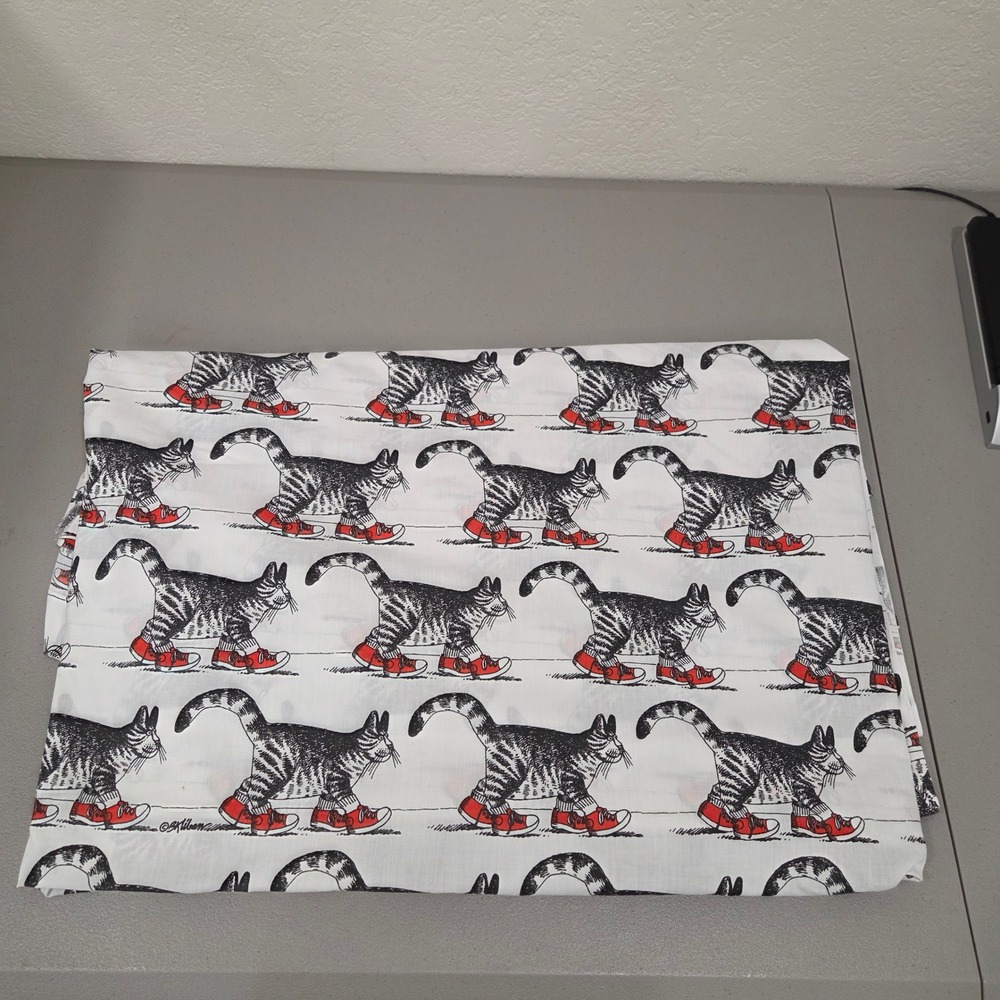 Burlington VTG White Kliban Cat Red Sneakers Flat Sheet King 80s Fabric Project